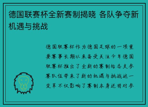 德国联赛杯全新赛制揭晓 各队争夺新机遇与挑战