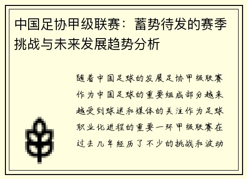 中国足协甲级联赛：蓄势待发的赛季挑战与未来发展趋势分析